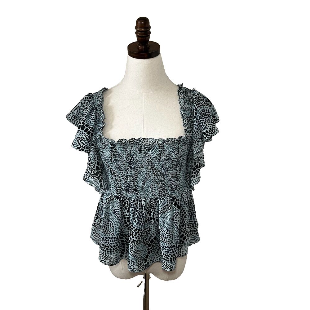 Cinq A Sept Anabelis Smocked Ruffle Top Blue Sz Medium Square Neck Animal Print